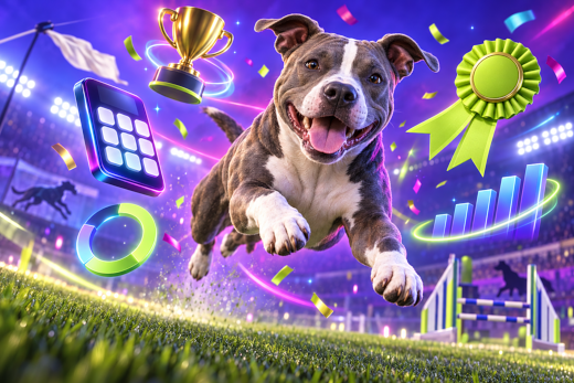 An American Staffordshire Terrier leaping through a neon arena past a trophy, a lime rosette and a glowing calculator