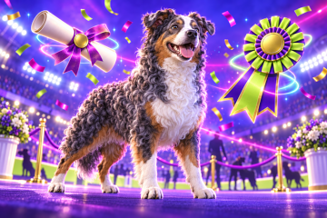 A curly-coated rare-breed dog standing proudly beside a ribbon-tied certificate scroll