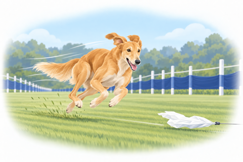 A sighthound sprinting after a lure on a grassy course