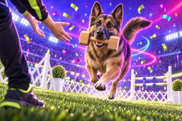 A German Shepherd Dog retrieving a dumbbell in a glowing obedience ring