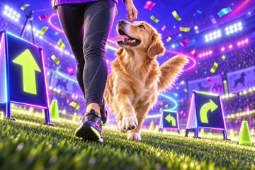 A Golden Retriever heeling past glowing rally signs with arrows