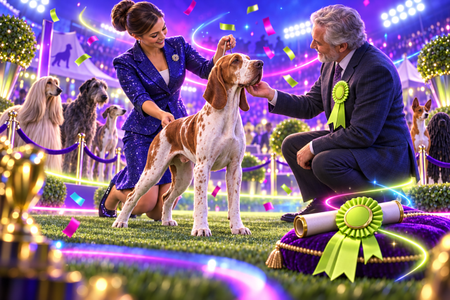 An exhibitor showing a rare foundation-stock breed dog to a judge