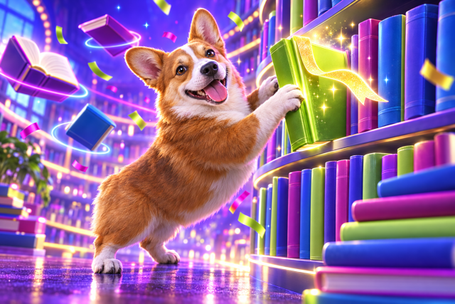 A Corgi pulling a book from a glowing bookshelf