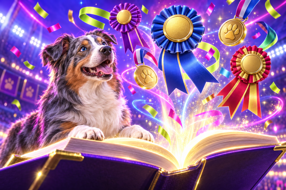 A glowing open book with show ribbons and medals floating out of it and an Australian Shepherd looking up