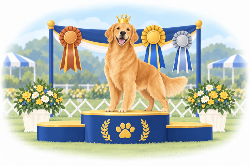 A proud dog wearing a small crown on a winners podium