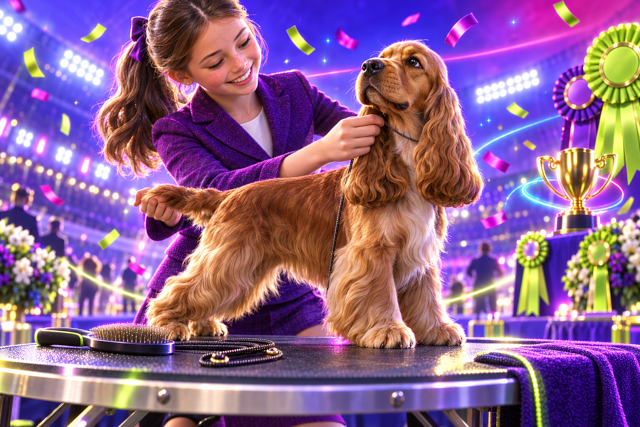 A young junior handler stacking a Cocker Spaniel on a grooming table