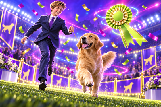 A smiling teenage junior handler gaiting a Golden Retriever around a show ring