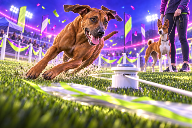 A Rhodesian Ridgeback leaping a turn on a lure coursing field while a Basenji waits in a slip lead
