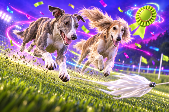 A Whippet and a Saluki at full gallop chasing a white lure across a coursing field