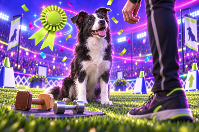 A Border Collie in a front sit with scent articles nearby