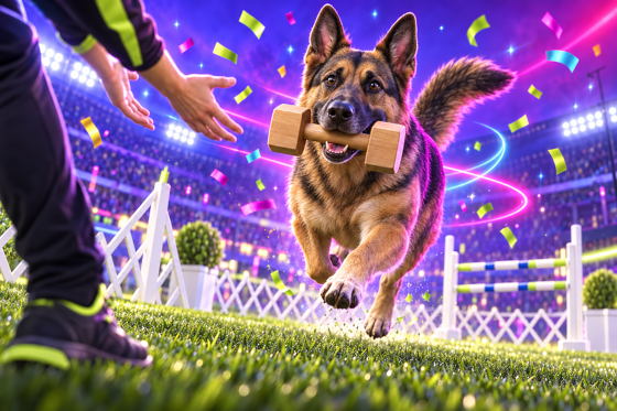 A German Shepherd Dog retrieving a dumbbell in a glowing obedience ring