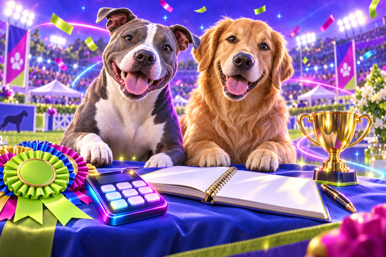 An American Staffordshire Terrier and a Golden Retriever at a ringside table with a calculator and rosettes