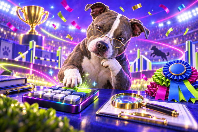 An American Staffordshire Terrier in reading glasses checking a calculator beside rosettes and a magnifying glass