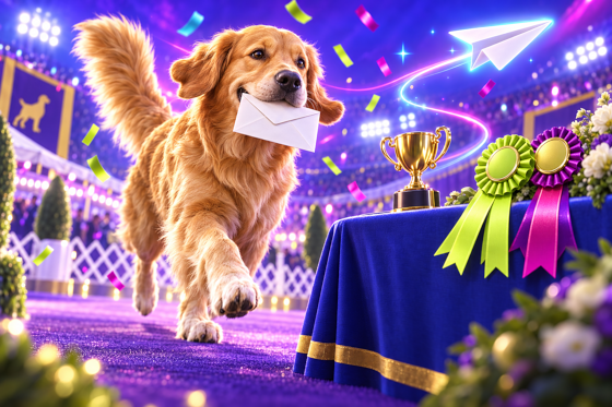 A Golden Retriever carrying an envelope to a ringside table with a trophy and rosettes