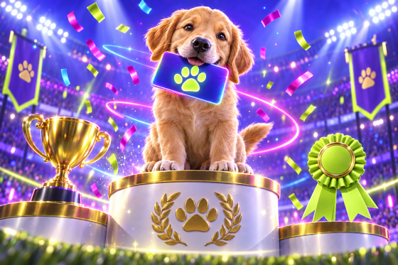 A Golden Retriever puppy holding a glowing membership card on a winners podium