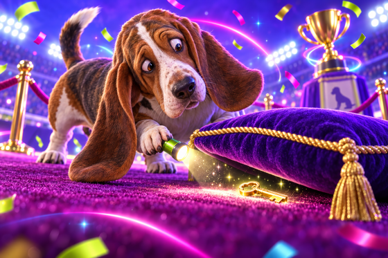 A puzzled Basset Hound with a flashlight looking for a lost glowing key