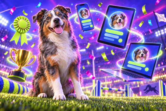 A dog beside a phone, tablet and laptop showing the same dog profile
