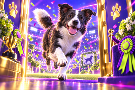 A happy Border Collie bounding through a glowing doorway into a dog show arena
