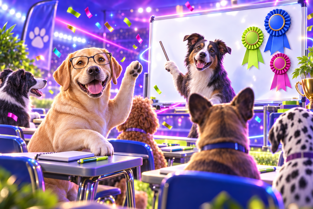 A Labrador Retriever in glasses sitting in the front row of a dog show seminar