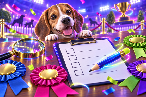 A judge's clipboard, a magnifying glass and show ribbons, with a curious Beagle peeking over the table