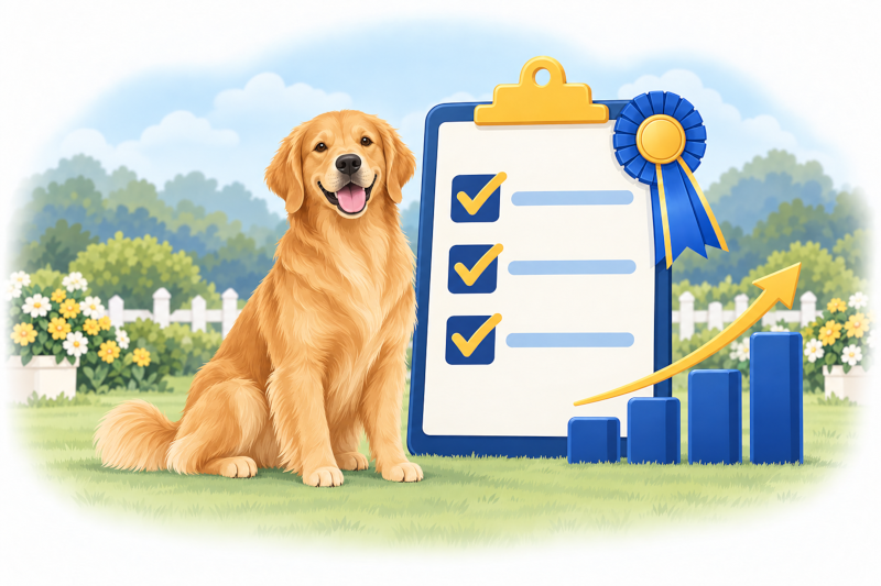 A happy dog beside a checklist with check marks and a progress bar