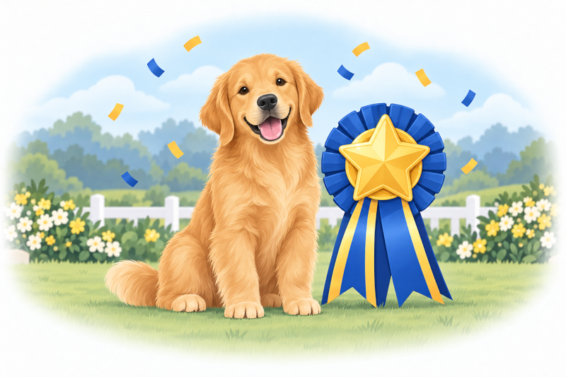 A fluffy puppy next to a gold star rosette ribbon