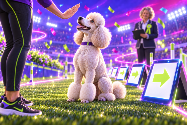 A Poodle sitting at a rally station while the handler gives a hand signal