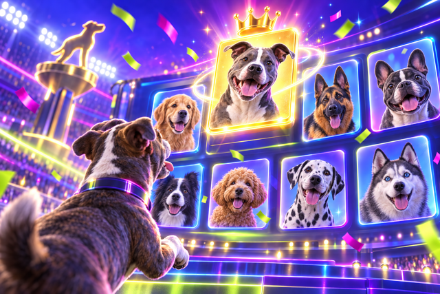 A gleaming trophy in front of a rising glowing bar chart with three show dogs looking up