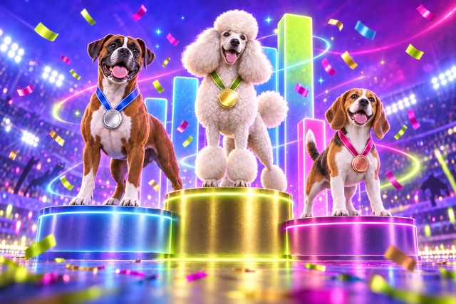 A line of very different breeds in a group ring with a Bulldog spotlighted in front
