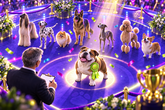 A line of very different breeds in a group ring with a Bulldog spotlighted in front