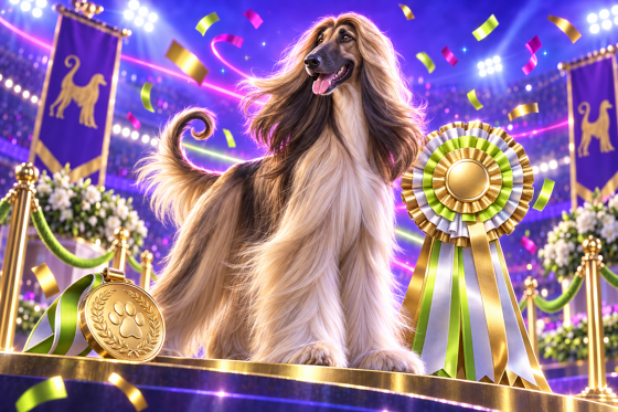 An Afghan Hound in full coat posing beside a big rosette and a gold medal