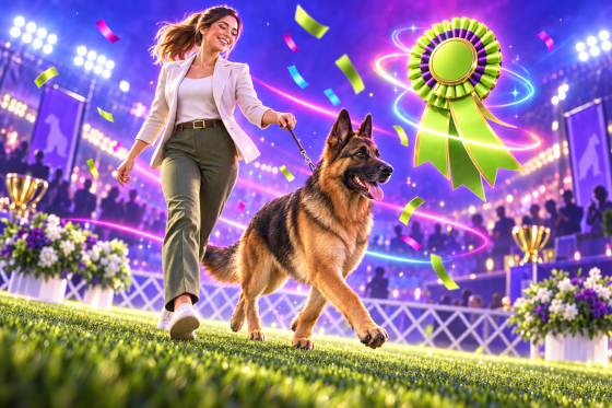 An owner proudly gaiting their own German Shepherd Dog in a show ring