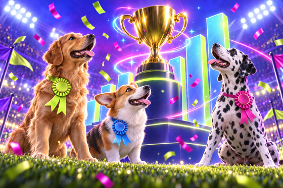 A gleaming trophy in front of a rising glowing bar chart with three show dogs looking up