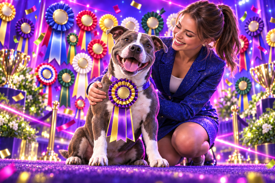 A happy dog in front of a glowing wall of dog show rosettes in every AKC color