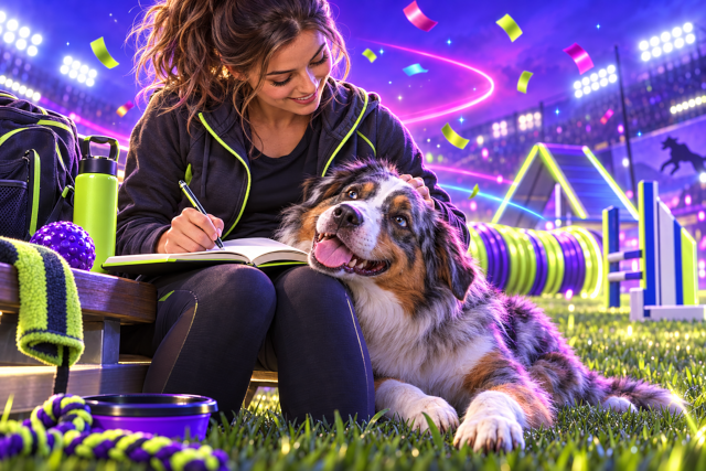 A handler writing in a training journal beside a tired Australian Shepherd