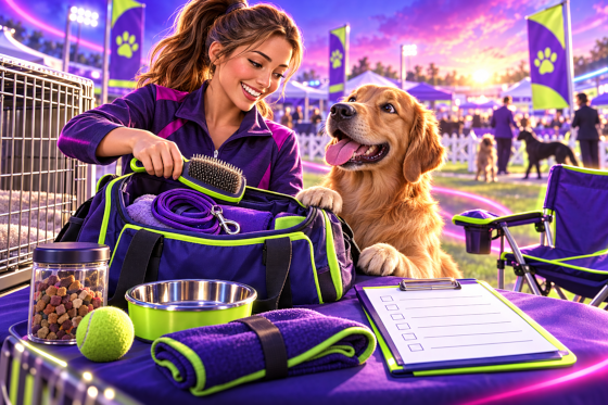A handler packing a show bag while a Golden Retriever watches