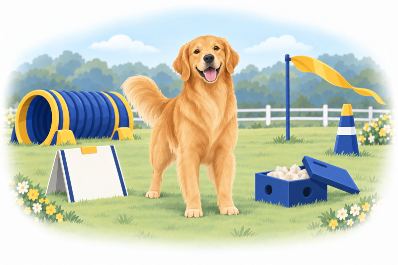 A happy dog surrounded by rally, scent work, agility and coursing equipment