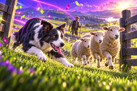 A Border Collie herding sheep through a gate