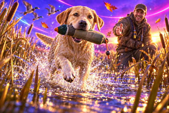 A Labrador Retriever returning a duck dummy from the water