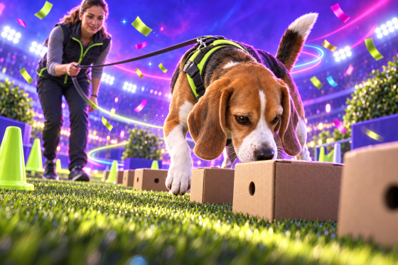 A Beagle sniffing boxes in a scent work search
