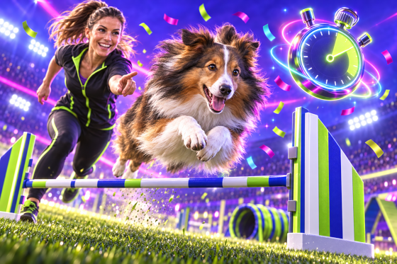 A Shetland Sheepdog racing the clock on an agility course